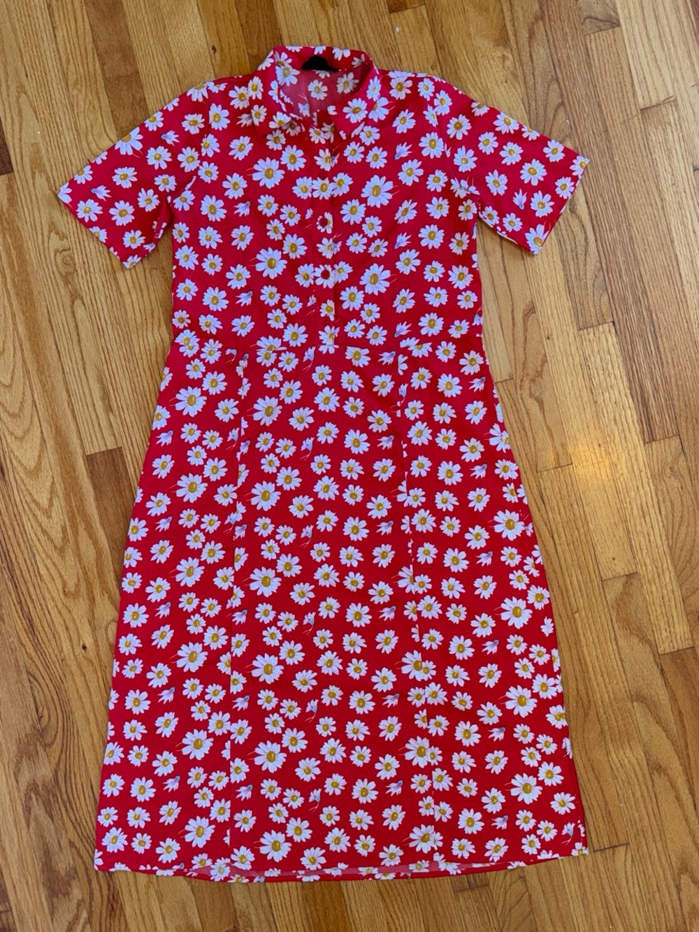 Red Daisy Print Button-Up Midi Dress